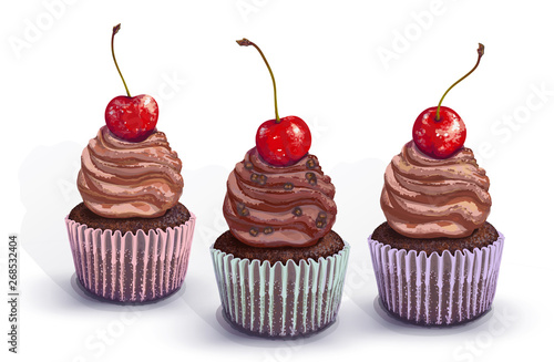 Set of vector cupcakes. A crumbly, chocolate gentle wet biscuit muffin with a chocolate tender and soft air cream cheese with chocolate pieces and cherry. Color paper got wet from juiciness of cake