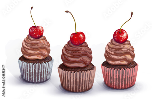 Set of vector cupcakes. A crumbly, chocolate gentle wet biscuit muffin with a chocolate tender and soft air cream cheese with cherries on the top. Colorful paper got wet from juiciness of the cupcake