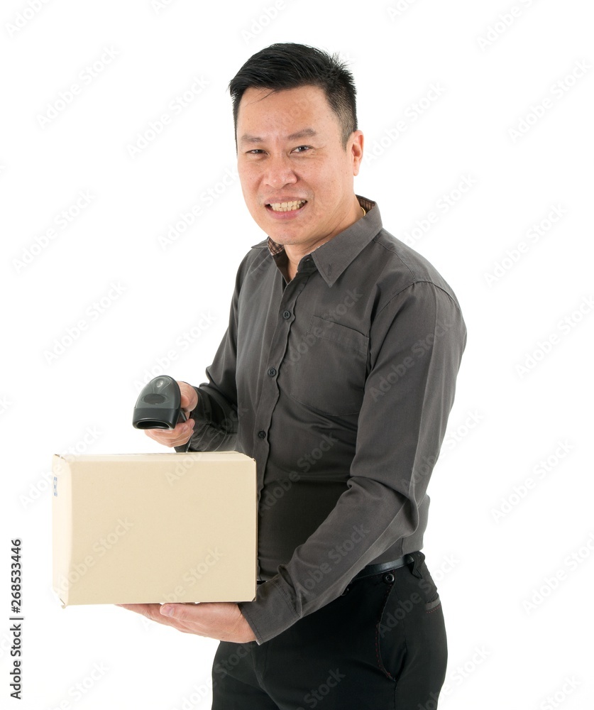 Businessmen holding barcode readers scanning package isolated on white background Businessmen holding barcode readers scanning package isolated on white background