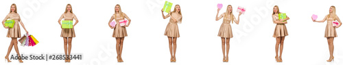 Beautiful woman in golden dress with bags 