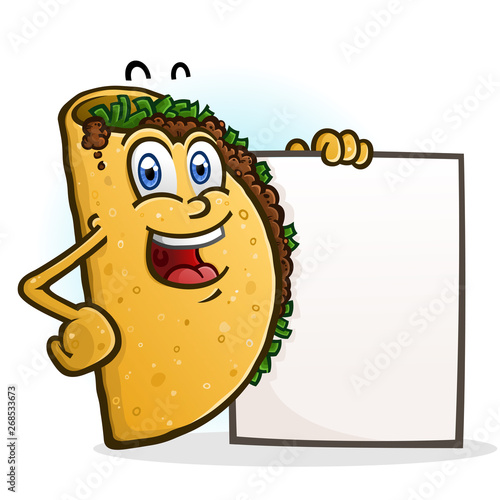 A cheerful taco cartoon character holding a blank menu sign board