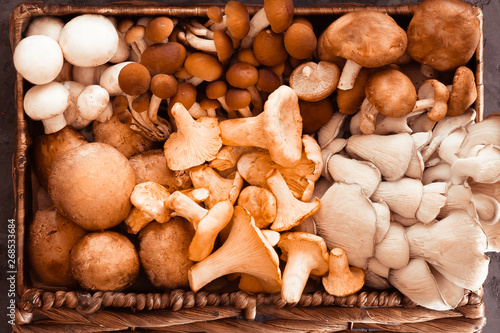 View from above of wicker basket with forest rare delicious edible mushrooms on a dark textural background, flat lay. photo