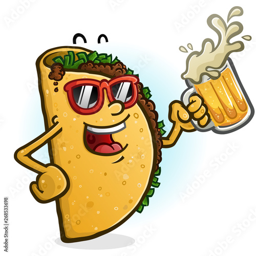 A cheerful cartoon taco character partying with a mug of mexican beer 