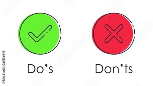 Do's and don'ts sign in line art style. Chek marks with green and red color. Green tick and red cross. Like and unlike concept. Buttons for vote, election choice, checklist element, reject or accept.