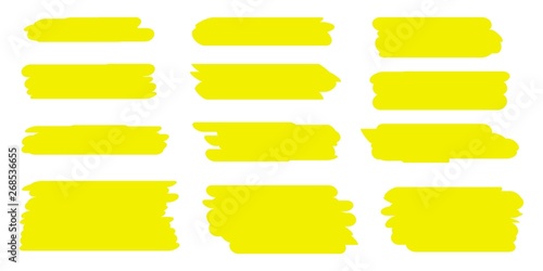 Set of yellow hand drawn marker lines. Concept of stain strokes. Stylish highlight elements for design.