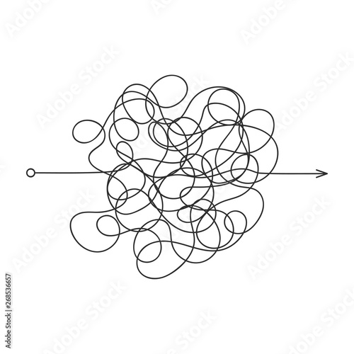 Messy line. Confused and complicated clew way. Curved black line, solving a complex problem or quest. Tangled scribble path. Template design for web site, ui and logo.
