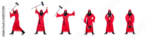 Executioner in red costume with axe on white © Elnur
