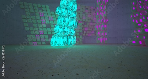 Abstract Concrete Glass Smooth Futuristic Sci-Fi interior With Colored Glowing Neon Tubes . 3D illustration and rendering.