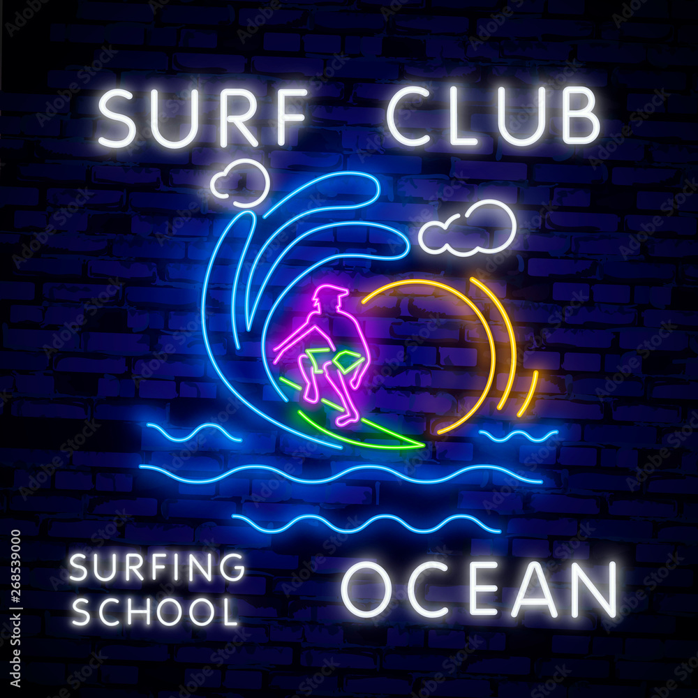 Surfing Poster in Neon Style. Glowing Sign for Surf Club or Shop