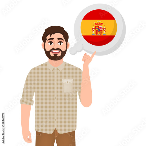 Happy bearded man talking or thinking about country Spain, European country icon, traveler or tourist vector illustration