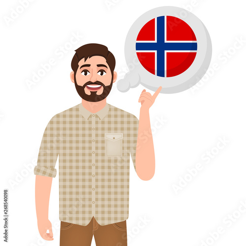 Happy bearded man says or thinks about country Norway, European country icon, traveler or tourist vector illustration