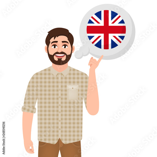 Happy bearded man says or thinks about the country of Great Britain, European country icon, traveler or tourist vector illustration