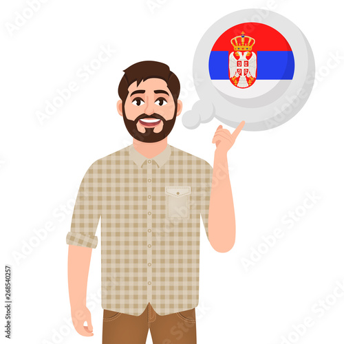 Happy bearded man talking or thinking about country Serbia, European country icon, traveler or tourist vector illustration