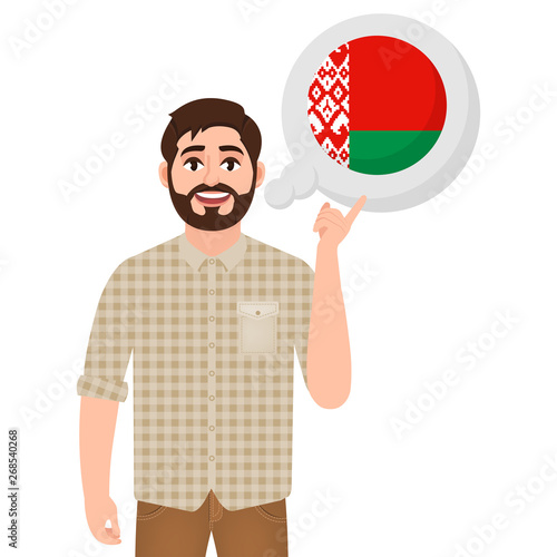Happy bearded man says or thinks about the country Belarus, European country icon, traveler or tourist vector illustration