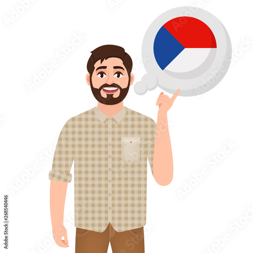 Happy bearded man says or thinks about the country Czech Republic, European country icon, traveler or tourist vector illustration