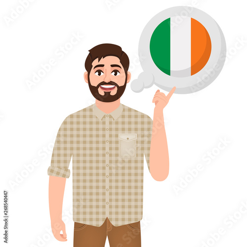 Happy bearded man says or thinks about the country of Ireland, European country icon, traveler or tourist vector illustration