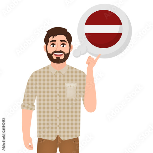 Happy bearded man says or thinks about the country of Latvia, European country icon, traveler or tourist vector illustration