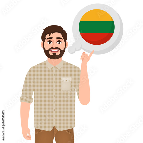 Happy bearded man says or thinks about the country of Lithuania, European country icon, traveler or tourist vector illustration
