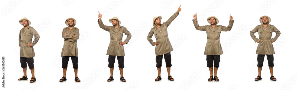 Man in safari hat isolated on white Man in safari hat isolated on white