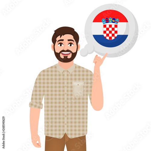 Happy bearded man says or thinks about the country of Croatia, European country icon, traveler or tourist vector illustration