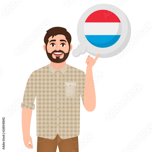 Happy bearded man says or thinks about the country of Luxembourg, European country icon, traveler or tourist vector illustration