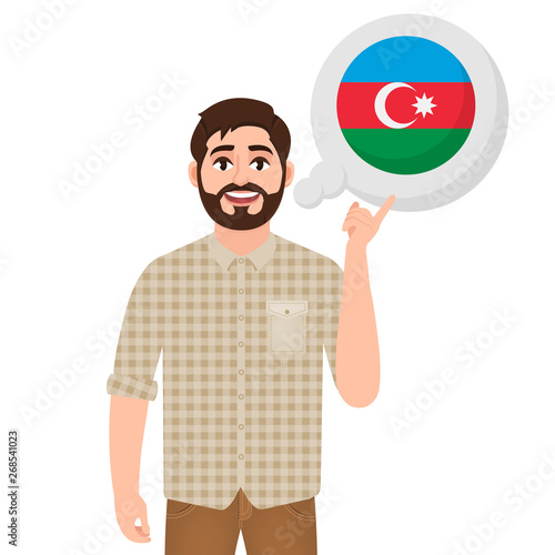 Happy bearded man says or thinks about the country of Azerbaijan, European country icon, traveler or tourist vector illustration
