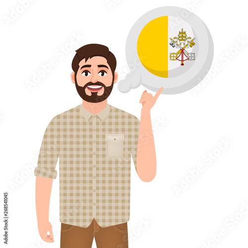 Happy bearded man says or thinks about the country The Vatican, European country icon, traveler or tourist vector illustration