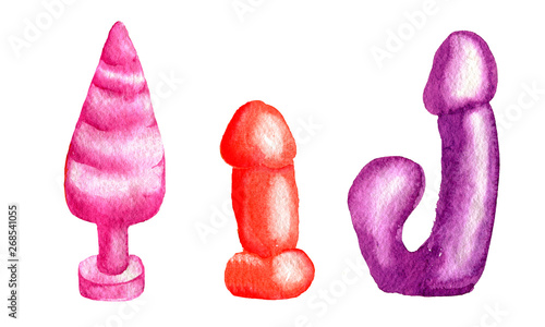 Sex toys for women cartoon hand drawn watercolor background. Colorful red pink purple latex dildo vibrator with granulation isolated on white background