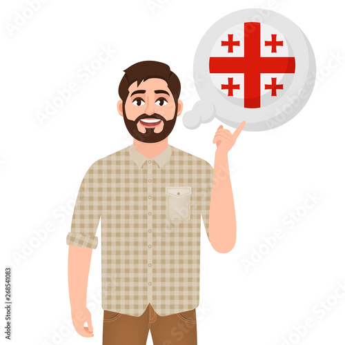 Happy bearded man says or thinks about the country Georgia, European country icon, traveler or tourist vector illustration