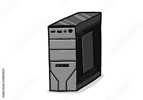 Power block base chassis miditower cabinet isolated on white backdrop. Freehand outline black ink hand drawn picture sketchy in art scribble style pen on paper. Closeup side view with space for text