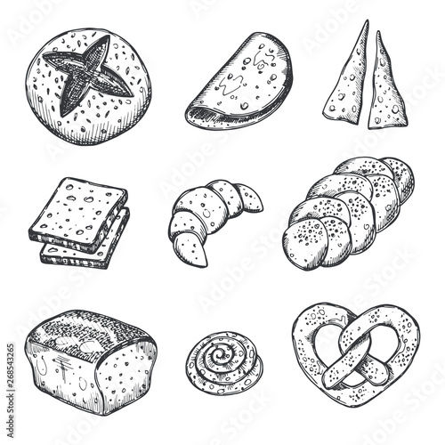 Bread set. Hand drawn vector illustration. Baguette, pretzel, focaccia, sandwich. Can be used for bakery, street festival, farmers market, country fair, shop, menu, cafe, restaurant