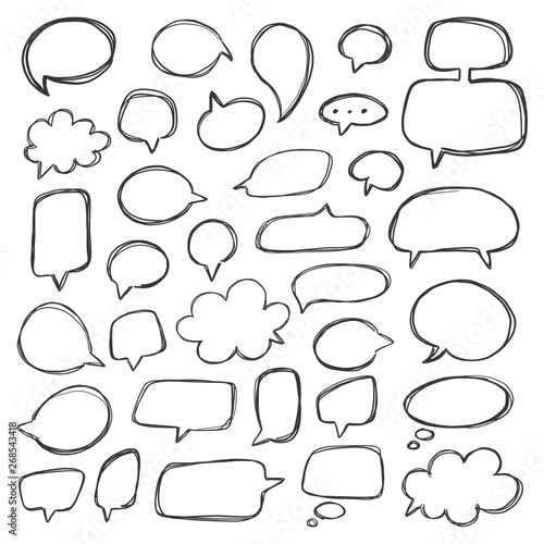 Speech bubbles set. Dialog balloons. Hand drawn vector illustration. Sketch style
