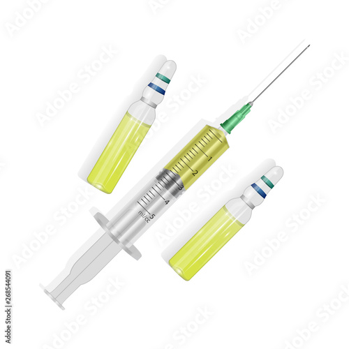 Realistic Medicine bottle for injection. Medical glass vials and syringe for vaccination  Top view  illustration isolated on white background. Vector EPS 10 illustration