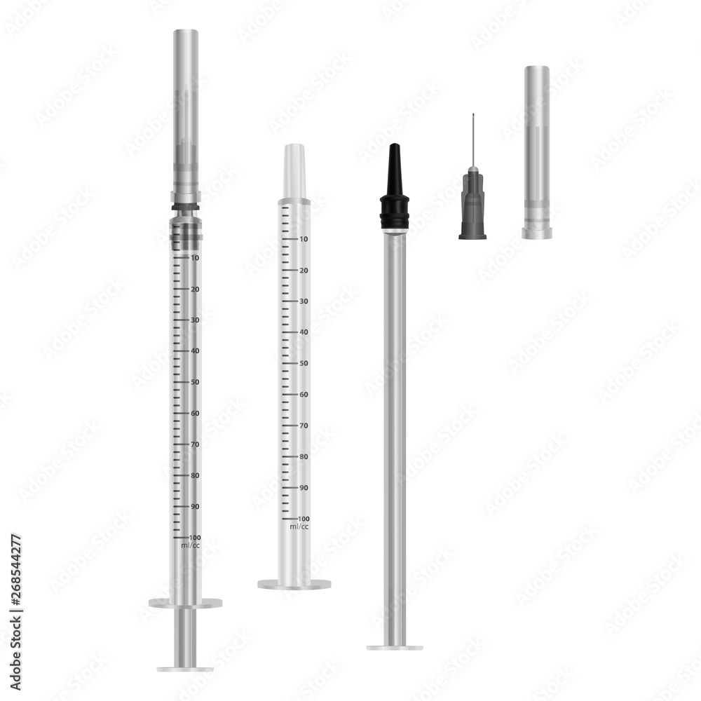 Insulin syringe 0.5 ml with hypodermic needles on white background, medical single use syringes assembled and disassembled. Vector EPS 10 illustration Insulin syringe 0.5 ml with hypodermic needles on white background, medical single use syringes assembled and disassembled. Vector EPS 10 illustration