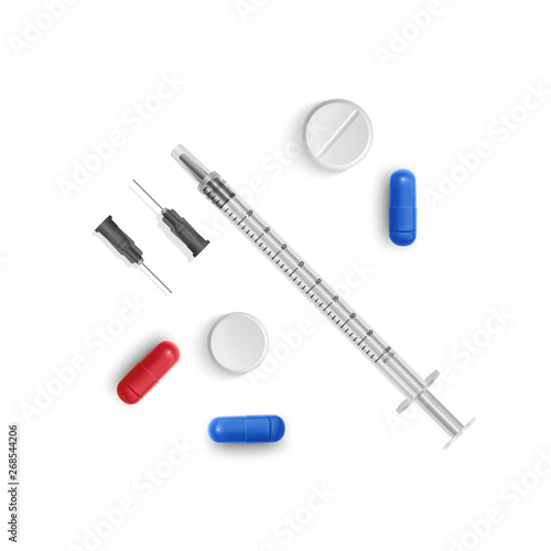 Insulin syringe 0.5 ml. Syringe with medical tablets and capsules. Illustration of medical syringes with needles in realistic style. Top view. Vector EPS 10 illustration