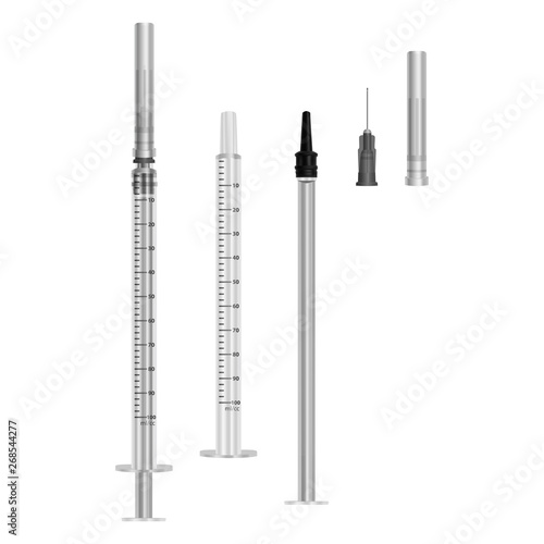 Insulin syringe 0.5 ml with hypodermic needles on white background, medical single use syringes assembled and disassembled. Vector EPS 10 illustration