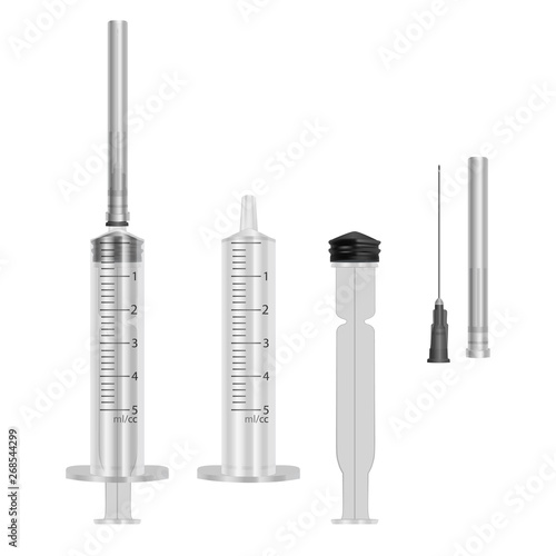 Set of Syringes 5 ml with hypodermic needles on white background, medical single use syringes assembled and disassembled, Vector EPS 10 illustration