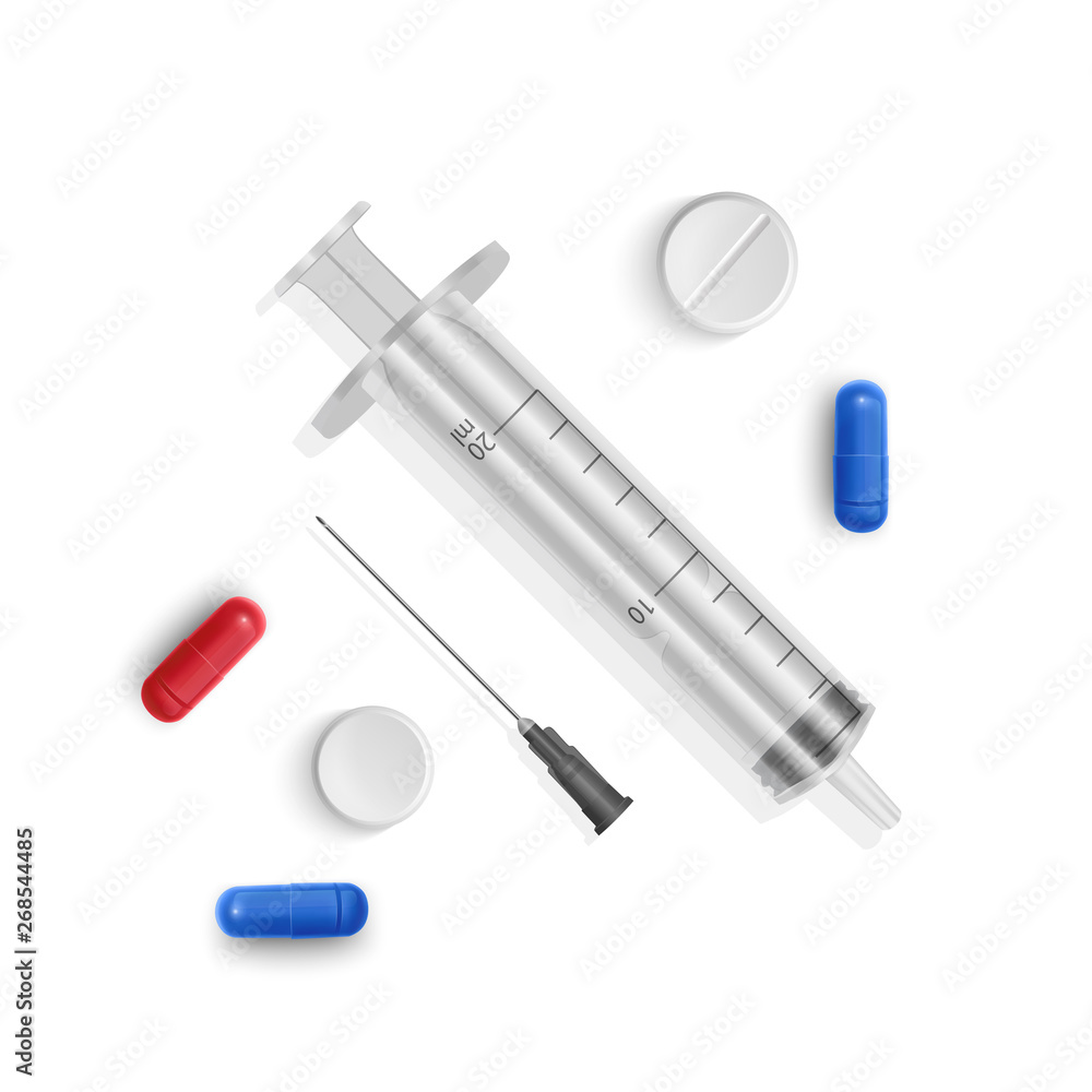 Set of medical syringes with medical tablets and capsules. Illustration of medical syringes with needles in realistic style. Top view. Vector EPS 10 illustration Set of medical syringes with medical tablets and capsules. Illustration of medical syringes with needles in realistic style. Top view. Vector EPS 10 illustration