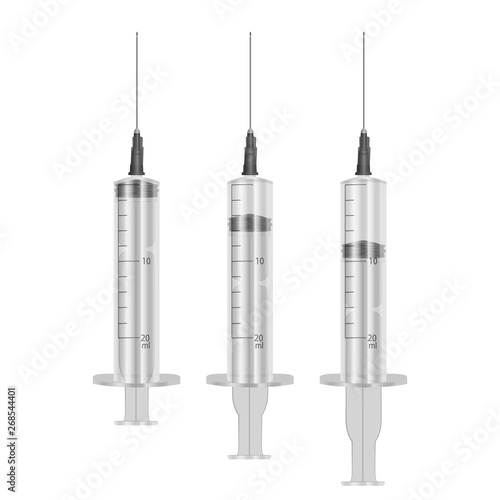 Realistic Syringe 20 ml with hypodermic needles on white background, medical single use syringes. Vector EPS 10 illustration