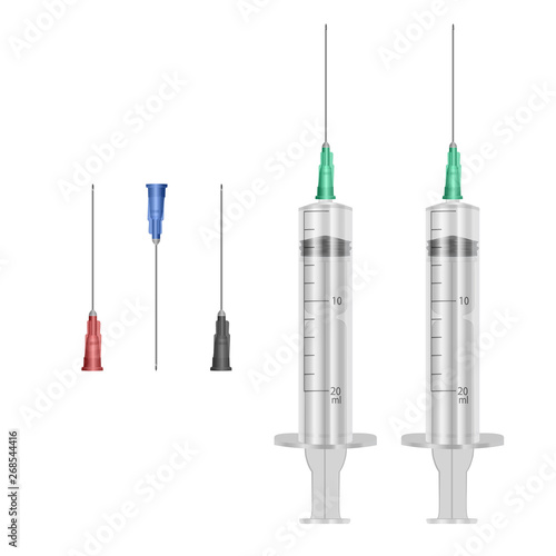 Realistic Syringe 20 ml with hypodermic needles on white background, medical single use syringes. Vector EPS 10 illustration