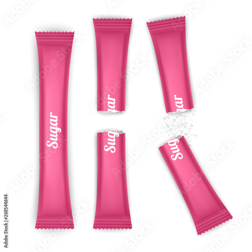 Foil or paper of pink color Packaging Stick for Coffee, Salt, Sugar, Pepper Or Spices. Realistic mesh vector mockup illustration.