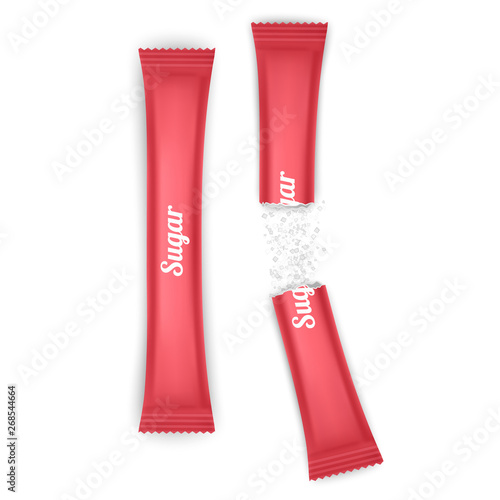 Foil or paper of red color Packaging Stick for Coffee, Salt, Sugar, Pepper Or Spices. Realistic mesh vector mockup illustration.