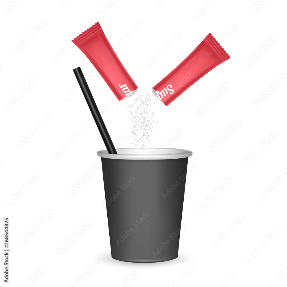 Paper cup of black color and stick of sugar on a black background, takeaway coffee cup, realistic mockup, Vector eps 10 illustration Paper cup of black color and stick of sugar on a black background, takeaway coffee cup, realistic mockup, Vector eps 10 illustration