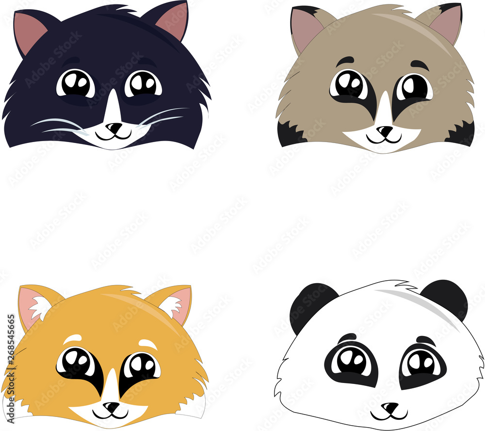 Set of faces of cute animals in cartoon style. Panda, cat, fox, raccoon. Friendship, game. Children's illustration. Logo design for a veterinary clinic, a zoo, a shelter.