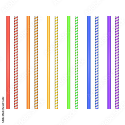 Set of striped straws for cocktails isolated on white background. Straw for beverage, colorful Vector EPS 10 illustration