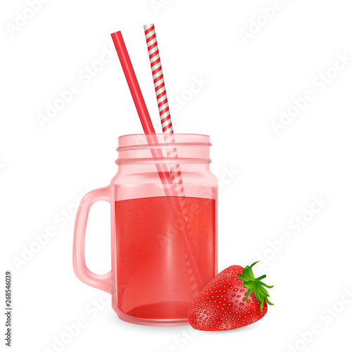 The jar of smoothies of red strawberry and striped straw for cocktails isolated on white background for advertising your products drinks in restaurants and cafes. Vector EPS 10 illustration © Zalina