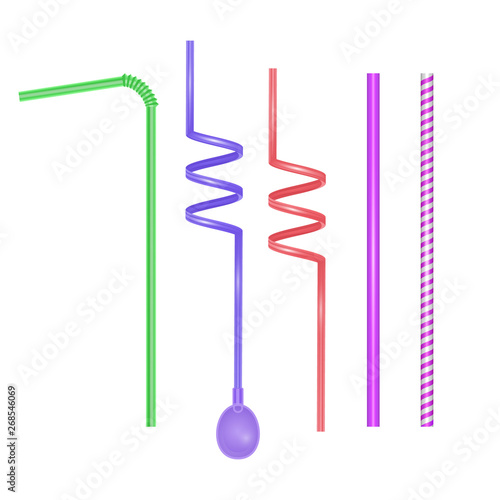 Set of straws for cocktails of bright colors on white background, realistic straw vector EPS 10 illustration