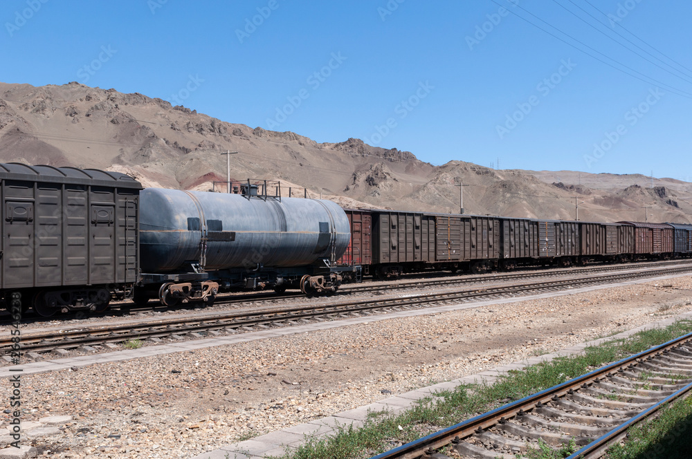 Naklejka premium Pociąg towarowy w Xinjinang w Chinach