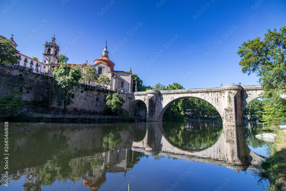 church and old bridge over the river in Amarante Portugal