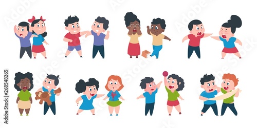 Kid bullying. Bad child behavior, scared and strong angry children conflict, cartoon characters confrontation. Vector bad young boy bullying